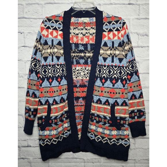 L.L.BEAN women's cotton fair isle western Aztec print knit cardigan MP. - Picture 1 of 10